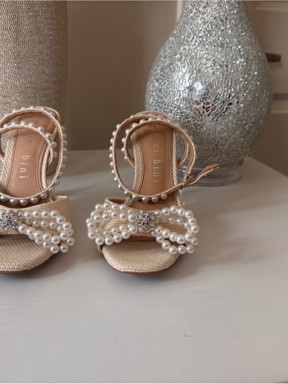 Gianni Bini Pearl-Embellished Tan Bow Dress Sandals